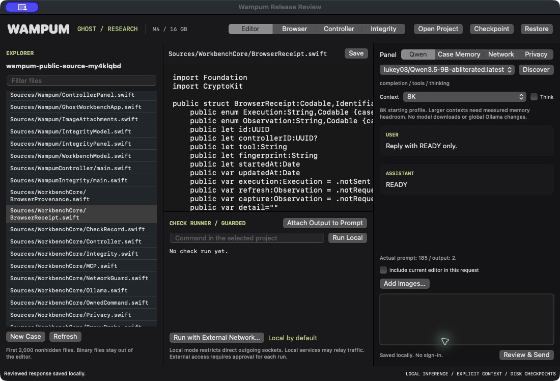 Wampum native editor and local Qwen response, captured during release testing